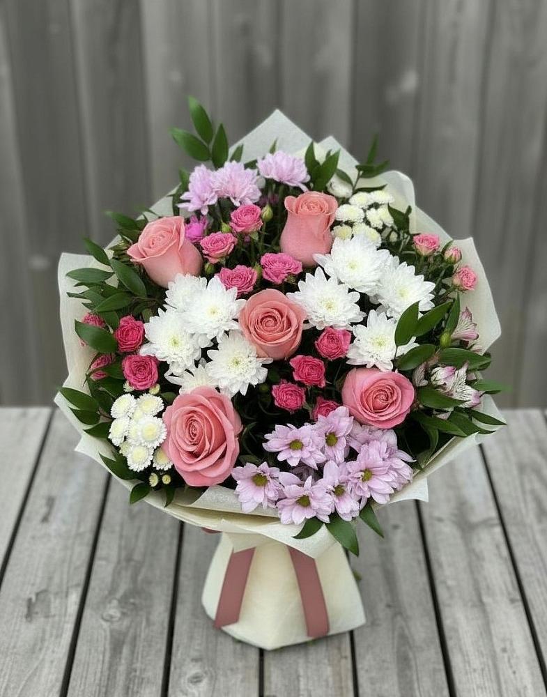 Букет цветов из: Альстромерии, Гвоздики, Розы и Хризантемы в Грушевском